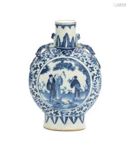 A Chinese blue and white moonflask, decorated with warriors on horseback and a garden scene with