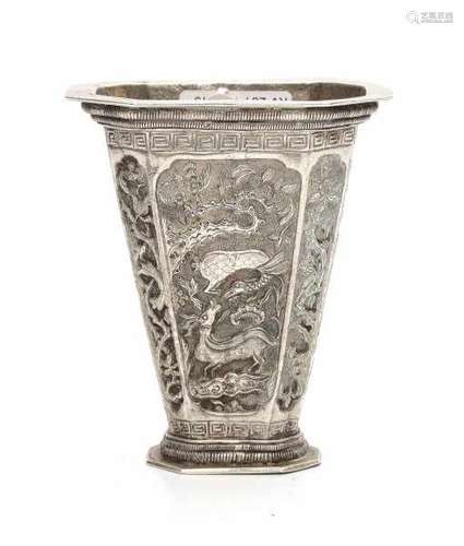 A Chinese silver vase, with deer and flowers. 19th century.height 10 cm.- - -29.00 % buyer's premium