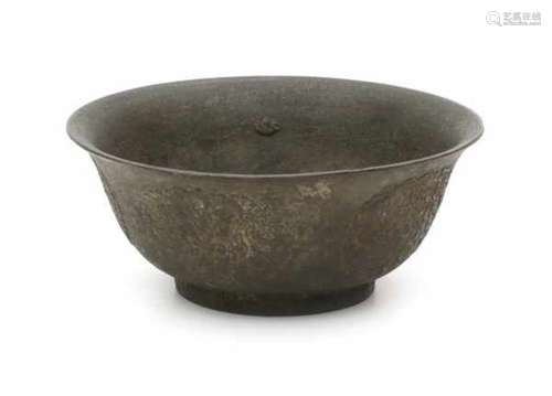 A Chinese bronze 'two fishes bowl', the outside decorated with five medallions. With three character