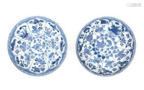 A pair of Chinese blue and white plates, decorated with flowers in petal shaped cartouches. With