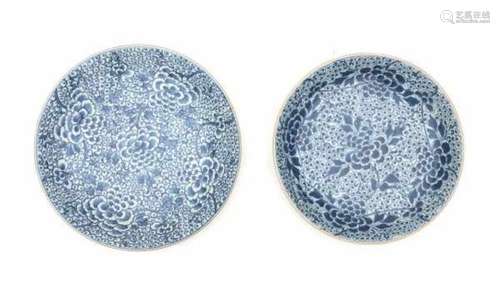 Two Chinese blue and white chargers, both decorated with a peony pattern. 19th centuryDiameter 34,