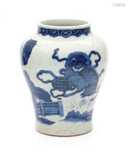 A Chinese blue and white vase, decorated with qilin. The neck and footrim with incised pattern. 19th