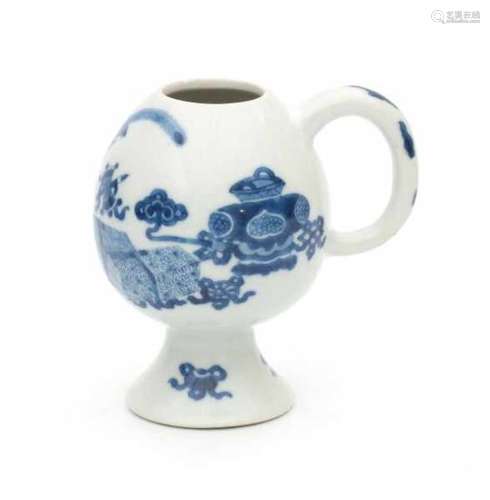 A Chinese blue and white export mustard cup on a high stem, decorated with precious objects.