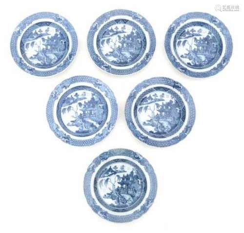 A set of six Chinese blue and white export plates, decorated with pagodas in a river landscape. 18th