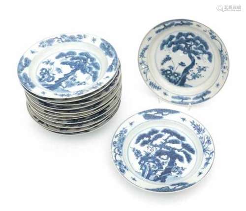 A set of thirteen Chinese blue and white three friends of winter plates. With apocryphal four