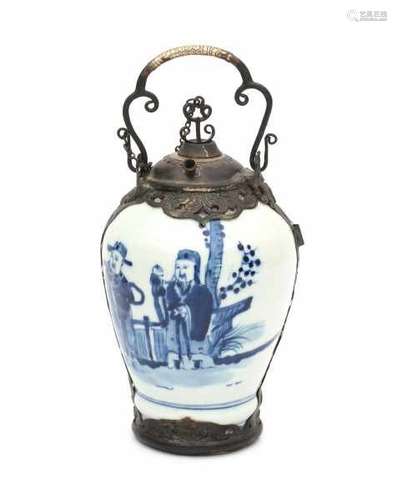 A Chinese blue and white wine pot in near eastern brass mounts, decorated with scholars. With