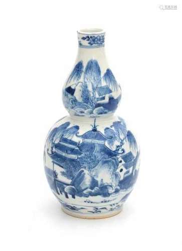 A Chinese blue and white double gourd vase, decorated with a continuous landscape with figures and