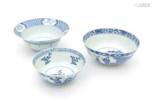 A collection of three Chinese blue and white bowls, respectively decorated with; 'Joosje te