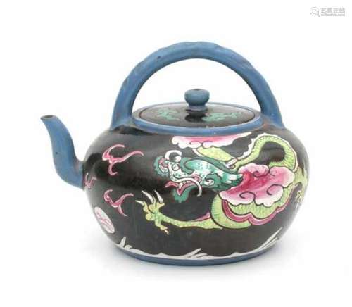 A large polychrome decorated Yixing teapot, dragon and flaming pearl. 20th century.height 18