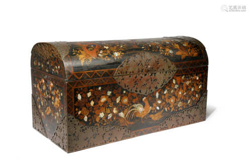 A JAPANESE WOOD AND LACQUER NAMBAN COFFER