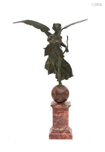 French school 20th centuryA bronze sculpture, the angel Nike, goddess of victory. Holding a bow