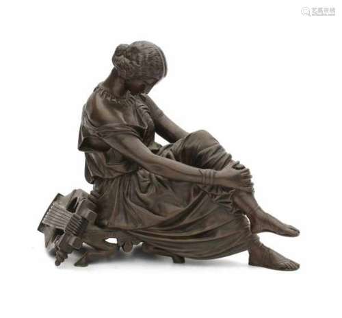 James Pradier (1790-1852)A bronze sculpture of a seated classical beauty with a lyre behind her.