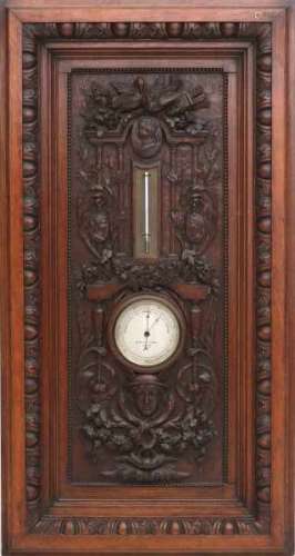 A carved oak barometer decorated with birdsnest and portrait medallions. Adress; Negretti Zambra,