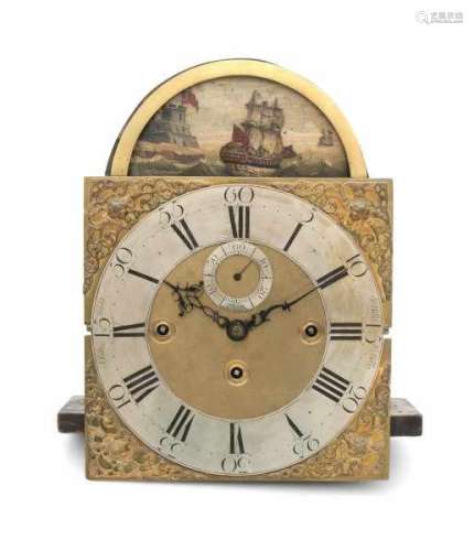 A longcase clock with painted case. The clockwork with ships movement and melody on eight bells.