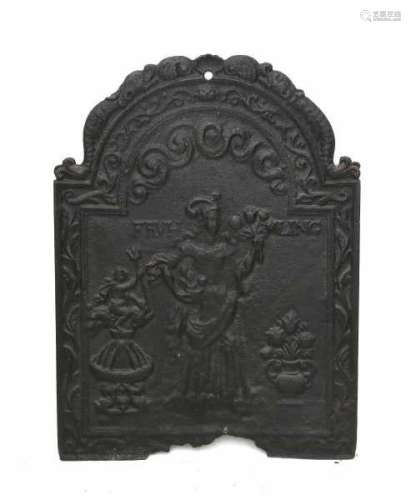 A cast iron hearth plate, depicting a lady with flowers 'Frühling'. 18th century84 x 62 cm.- - -29.