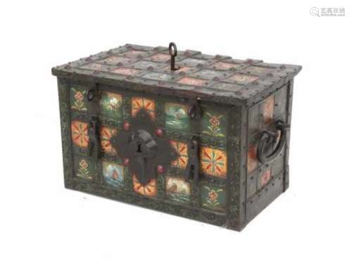 A German wrought iron strongbox, decorated with flowers. 17th century. The decoration probably