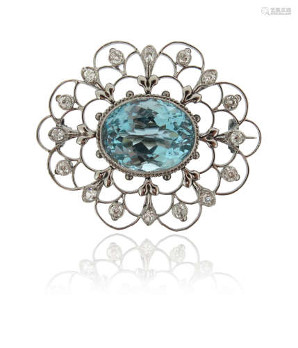 An aquamarine and diamond brooch