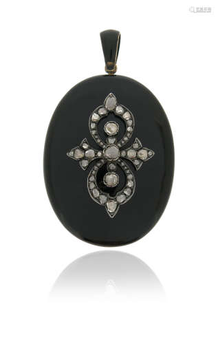 A Victorian diamond-set black enamel locket