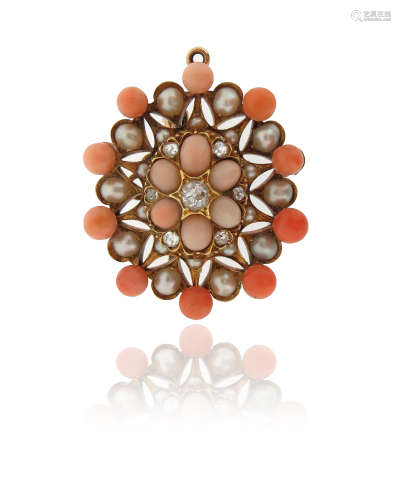 λ A Victorian coral and diamond brooch pendant