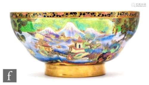 A 1930s Carlton Ware Art Deco footed bowl in the Chinaland pattern, with Chinoiserie decoration of