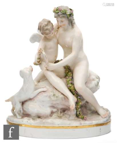 A 19th Century Meissen figural group with a nude maiden with floral headband seated on a rock gazing