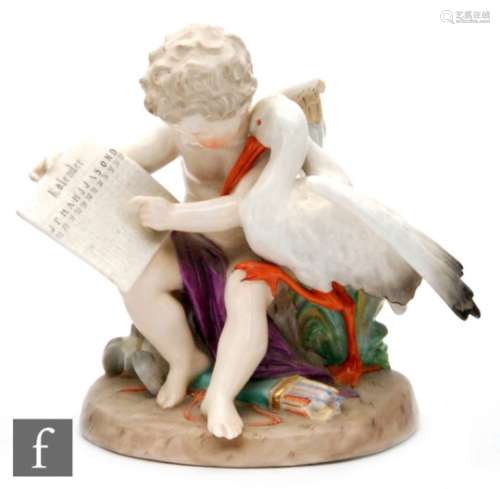 A 19th Century Sitzendorf figural group of Cupid resting on a tree stump with pigeons and his quiver