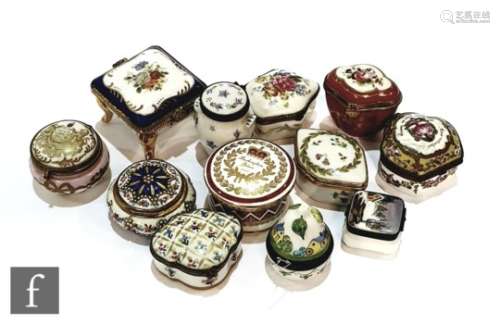 A collection of twelve miniature porcelain boxes, mostly 20th Century continental examples, to