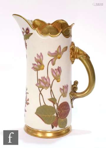 A late 19th Century Royal Worcester ewer of tapering cylindrical form decorated with floral sprays