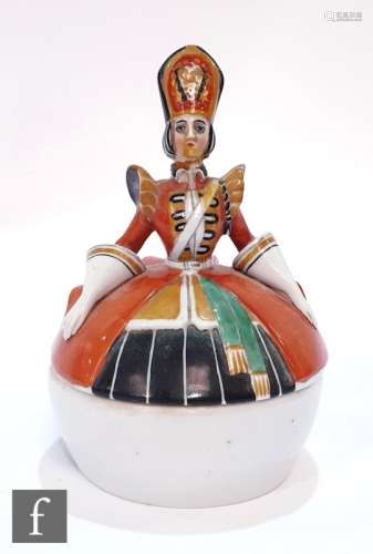 An Art Deco William Goebel porcelain powder puff, the two fitted sections forming a figural lady