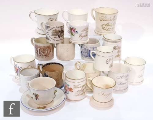 A collection of 19th and early 20th Century porcelain mugs, to include nursery and present mugs,