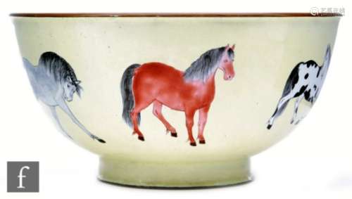 A Chinese enamelled 'Horse' design bowl, of typical 'U' form, the yellow ground, picked out with a