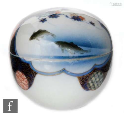 A Japanese 20th Century fukagawa porcelain lidded bowl, the rounded bowl and cover painted in