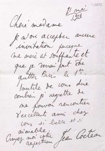 Jean COCTEAU (1889 1963) \nLETTRE ADRESSÉE À UNE DA…