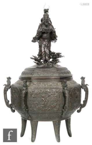 A 19th Century Chinese cast patinated bronze censer, the oversized archaic hexagonal shaped vessel