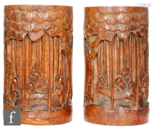 A pair of Chinese late Qing Dynasty (1664-1912) bamboo brushpot, bitong, each of cylindrical form,