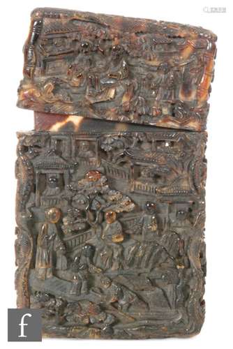 A Chinese Canton carved tortoiseshell card case, the two fitted sections of rectangular form