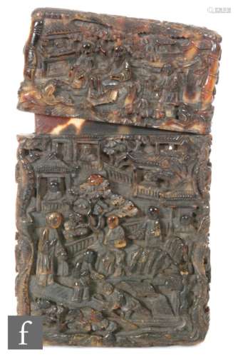 A Chinese Canton carved tortoiseshell card case, the two fitted sections of rectangular form