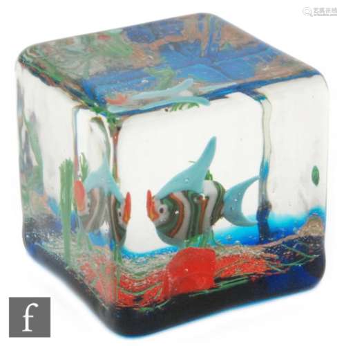A Murano aquarium block in the manner of Cenedese, with a single fish swimming among reeds cased