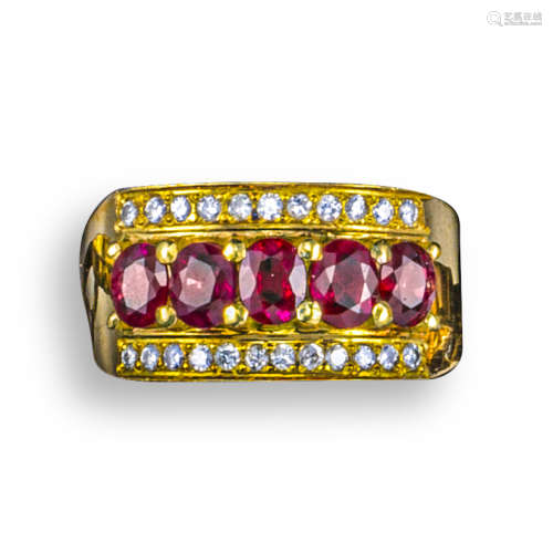 A ruby and diamond half-hoop gold ring