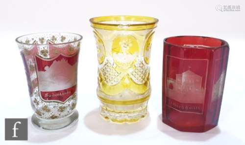 A 19th Century Bohemian spa beaker of footed flared form with three panels cased in ruby and