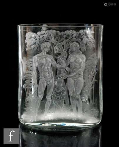 A later 20th Century clear glass vase of compressed ovoid form hand engraved with Adam & Eve in