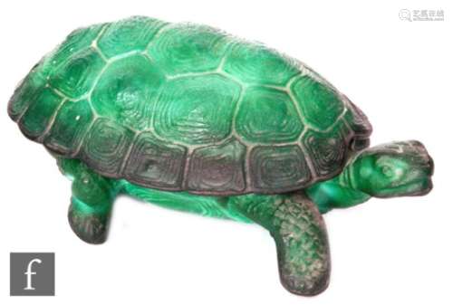 A 1930s Art Deco Malachite glass trinket box in the form of a tortoise, length 20cm.
