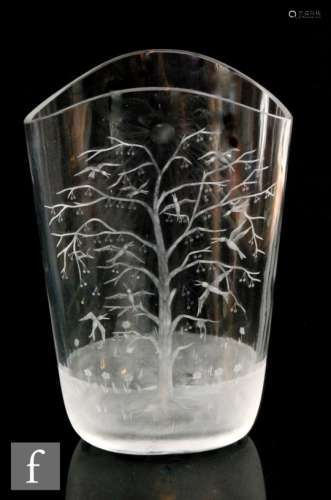A 1950s Orrefors clear crystal vase by Edward Hald of compressed cylindrical form with a wave rim,