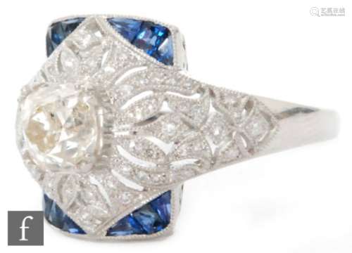 An 18ct white gold sapphire and diamond ring, five graduated millgrain set old cut stones each