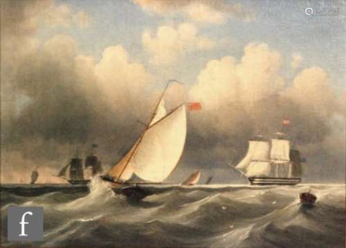 MANNER OF THOMAS BUTTERSWORTH - A sailing boat and other vessels at sea, oil on canvas, framed, 30cm