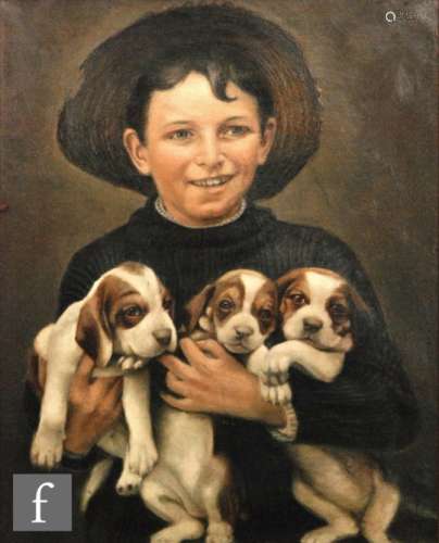 OSWALD (EARLY 20TH CENTURY) - A boy with three puppies, oil on canvas, signed, framed, 55cm x 44cm.