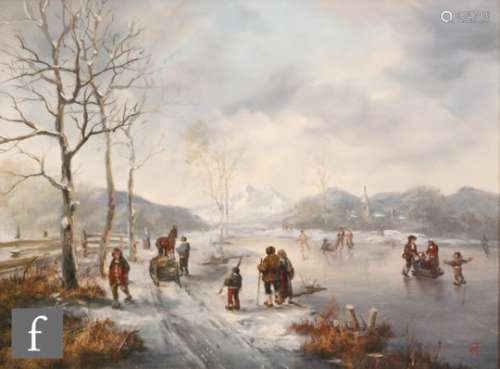 DUTCH SCHOOL (LATE 20TH CENTURY) - Figures in a winter landscape, oil on board, signed with initials