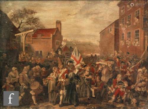 AFTER WILLIAM HOGARTH (1697-1764) - The March of the Guards to Finchley, oil on board, framed, 15.
