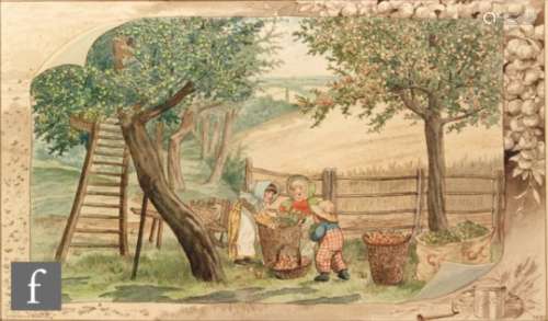 ENGLISH SCHOOL (LATE 19TH CENTURY) - Children gathering apples, watercolour, signed indistinctly,