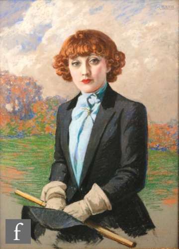 ENGLISH SCHOOL (c.1950) - Portrait of a young lady wearing riding jacket and stock, pastel